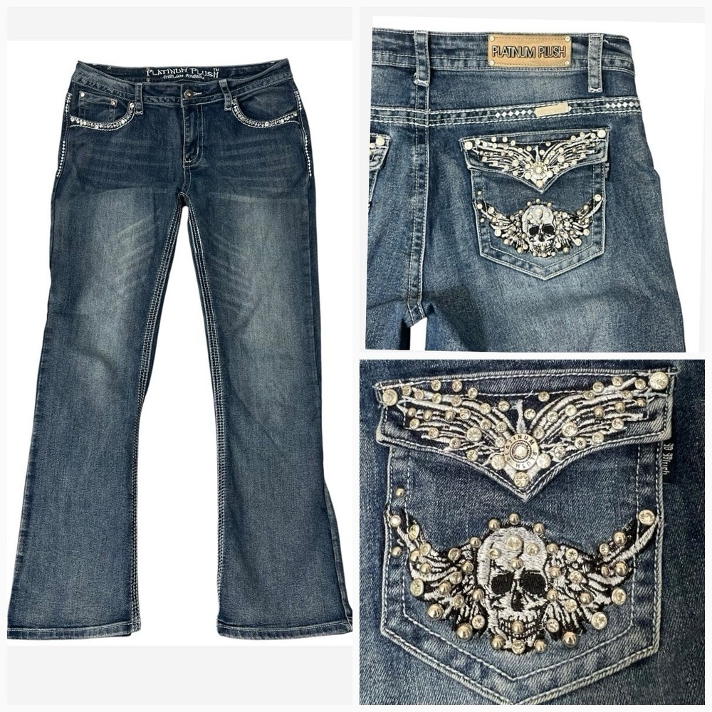 Platinum Plush Woman's Boot Cut Jeans Rhinestone Skull Wing Pocket Bling W34 L30